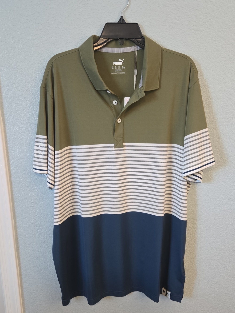 NWT Men’s Puma Cloudspun Taylor Polo Olive & Navy Striped Performance Size XL